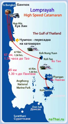 карта маршрута автобус плюс быстроходный катамаран с Бангкока до Самуи